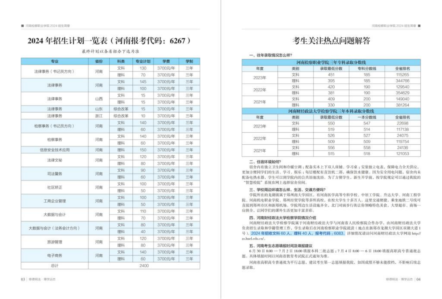 河南檢察職業(yè)學(xué)院－2024年招生計(jì)劃一覽表（河南報(bào)考代碼：6267）